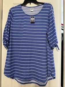 West Loop Womens XL Bow Sleeve Blue & White Stripes Print Tunic Top Shirt NWT - Picture 1 of 8