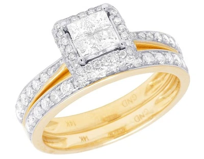 Juego de anillos nupciales de halo cuadrado de diamantes talla princesa genuino de oro amarillo de 14 quilates de 1 quilate Foto 1 de 4