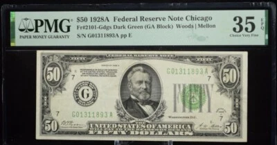 # B/Date & Error 1928A $50 F. R. N. Misaligned Front & Back FR#2101 V. F. 35 PMG - Image 1 of 4
