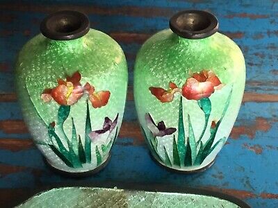 Antique Japanese Cloisonne Ginbari Iris Flower Vases Tray Miniature Collectable • 125$