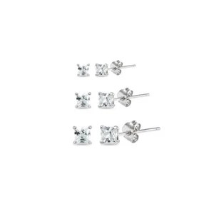 3 Pair Set CZ Princess Square Stud Earrings in 925 Silver, 2mm, 3mm, 4mm - Picture 1 of 2