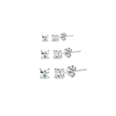 3 Pair Set CZ Princess Square Stud Earrings in 925 Silver, 2mm, 3mm, 4mm - Image 1 of 2