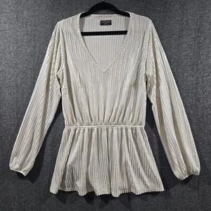 Lane Bryant Size 14/16 Metallic White And Gold Festive Blouse Puff Sleeve Deep V - Picture 1 of 9
