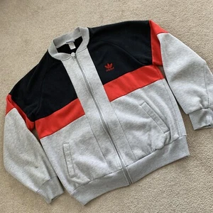 Vtg 80s Adidas Trefoil Track Jacket Full Zip Cotton XL Colorblock Gray Red Black - Picture 1 of 10