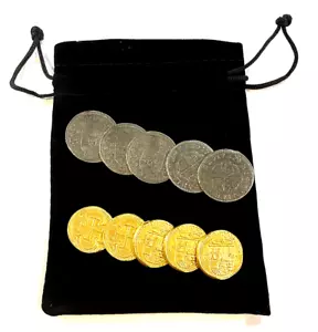 Bag Of Pieces Of Eight +Gold Doubloons Spanish Armada Coins 10 Pieces Luxury Bag - Picture 1 of 3