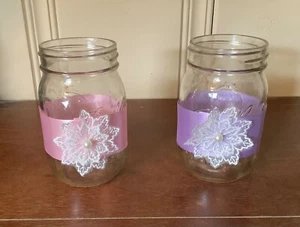 Two Mason jar candleholders embellished with ribbon & lace flower…you pick color - Picture 1 of 9