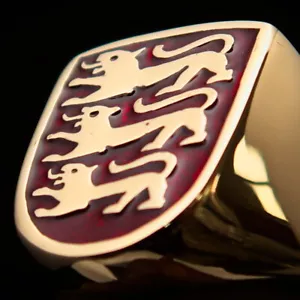 SHIELD SHAPED MENS BRASS SEAL RING RED THREE 3 LIONS COAT OF ARMS SIZE 15.5 - Picture 1 of 7