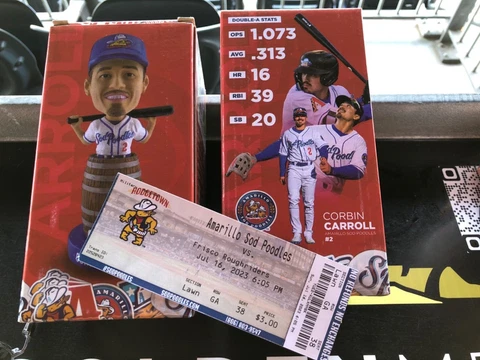 Corbin Carroll Bobblehead 7/16 IN HAND w/ Ticket Diamondbacks Sod Poodles Cover