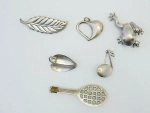 VTG sterling silver 6 pins brooches pile lot heart note tennis racquet frog leaf - Picture 1 of 6