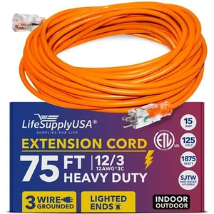 75ft Power Outdoor Extension Cord & Indoor - Waterproof Electric Drop Cord Cable - Picture 1 of 7