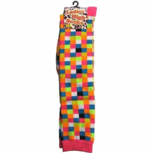 78514 Pink, Orange, Blue, Green, Yellow, Black & White Checkered Knee High Socks - Picture 1 of 1