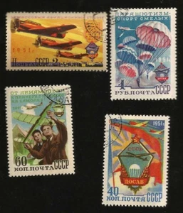 1951 RUSSIA STALIN ERA PROPAGANDA STAMPS STALIN'S YOUTH SKYDIVING AVIATION FLAGS - Picture 1 of 1