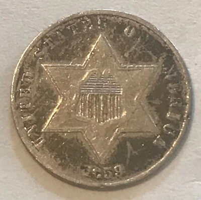 1859 silver three cent , XF +, scarce date - Image 1 of 3