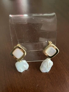 Natural Rectangle Dangling Baroque Freshwater Earring AAA Luster Yellow Gold - Picture 1 of 14
