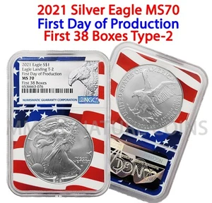 2021 Silver Eagle T-2 First Day of Production First 38 Boxes MS70 NGC Flag Core - Picture 1 of 1