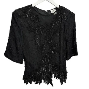 Blusa de seda vintage años 80 con cuentas a mano talla L lentejuelas negras manga corta nueva - Imagen 1 de 10