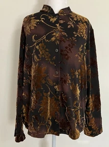 Vintage Jaclyn Smith Brown Velvet Floral Burnout Forest Fairy Button Top Large - Picture 1 of 7