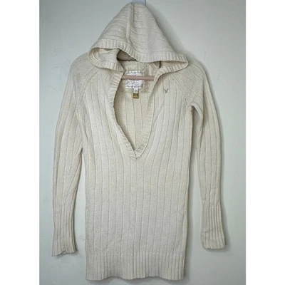 XS Y2K VTG American Eagle Ivory Ribbed Deep V-Neck Hoodie Sweater Elena Gilbert - Image 1 of 4