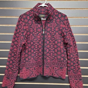 Isländisches Design Pullover mit Reißverschluss Damen Größe L rot schwarz gemustert Taschen "  - Bild 1 von 17