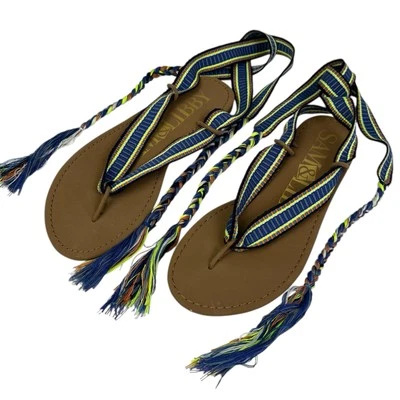 Sandalias de Tanga Sam & Libby Gladiador Para Mujer Talla 7 Azul Flor Boho Hippie Foto 1 de 4