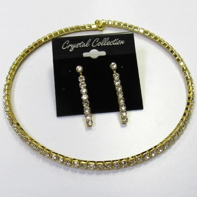 Juego de aretes gargantilla flexible de diamantes de imitación transparentes dorados noche novia Foto 1 de 3