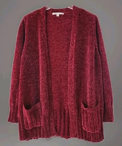 Seven Open Cardigan Sweater M Red Chenille Pockets Soft Warm No Buttons - Picture 1 of 13