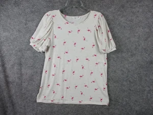 89th and Madison Top Women's Medium Off White Print Flamingo Blouse Linen Blend - Picture 1 of 14