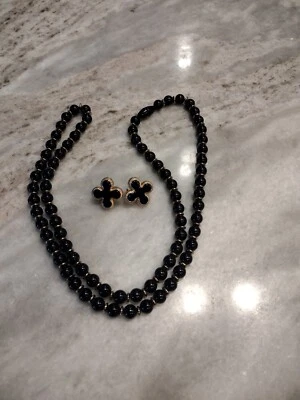 Vintage Black Beaded Necklace W/Gold Tone Spacers And Matching Earrings - Image 1 of 4
