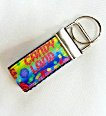 Handmade Mini Key Chain Decorated with CANDY LAND Ribbon, Key Fob, Luggage ID - Image 1 of 2