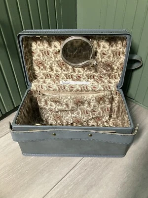 Maleta de tren de maquillaje de cuero azul equipaje vintage HARTMANN con Lucite? Espejo Foto 1 de 4