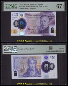 UK, Bank of England 20 Pounds 2024, Polymer, Charles III EH01 first prefix PMG67 - Picture 1 of 1