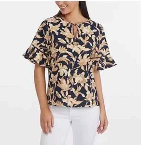 Ellen Tracy Sz M Women's Linen Blend Blouse Elbow Ruffle Sleeve Black/Tan Floral - Picture 1 of 14