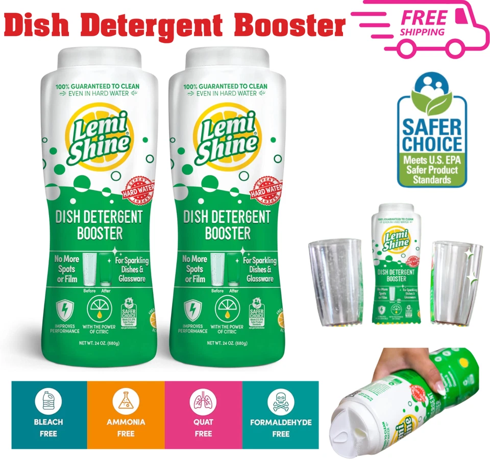 Lemi Shine Booster Natural Lemon Dishwasher Detergent Stain Remover 24oz 2pk
