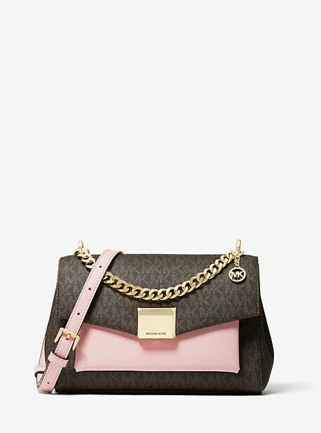MK Michael Kors Lita Medium Two-Tone Logo Women's Crossbody Bag - Powder Blush Pink