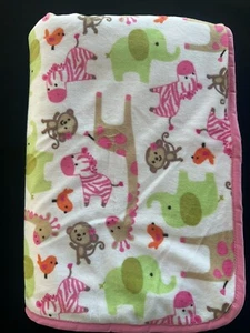 Carters Pink White Monkey Giraffe Elephant Jungle Baby Blanket - Picture 1 of 5