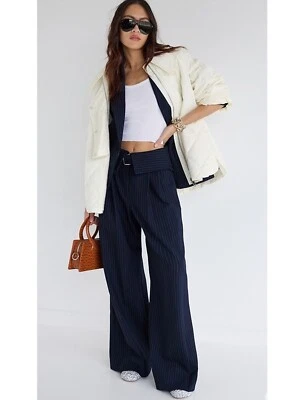ALC Pants Emma Belted Foldover Wide Leg Pinstripe Navy Blue Size 0 - Image 1 of 4