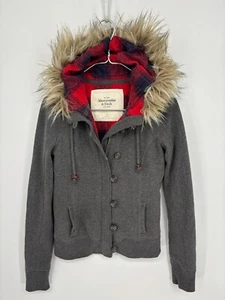 Abercrombie & Fitch Jacket S Gray Faux Fur Lined Hoodie Vintage Y2K Cozy Warm - Picture 1 of 12