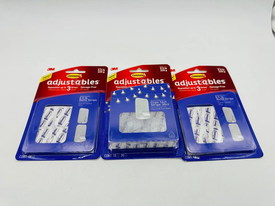 3m Command Adjustables Repositionable 3 Times Clips 1/2 LB 14pc 30 Strips H7