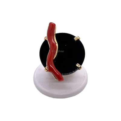 ANELLO ARGENTO PLACCATO AGATA NERA E ONDA DI CORALLO - Immagine 1 di 4