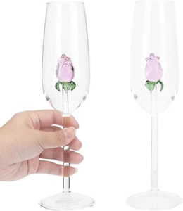 Rose Wine Glass with Rose inside Wine Goblet Cocktail Glasses Crystal Flutes Red - Picture 1 of 9