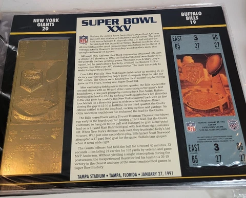 Super Bowl XXV 22kt Gold Ticket Stub NFL NYG New York Giants Vs Buffalo Bills Cover