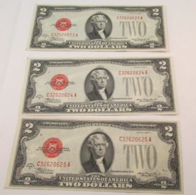 1928 D 2 Dollar Notes Lot of 3 Sequential Serial Numbers Uncirculated Crisp - Image 1 of 4