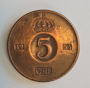 Moneda de 5 minerales Suecia 1954-Gustaf VI Adolf-KM# 822-Schon#50-Circulada - Imagen 1 de 2
