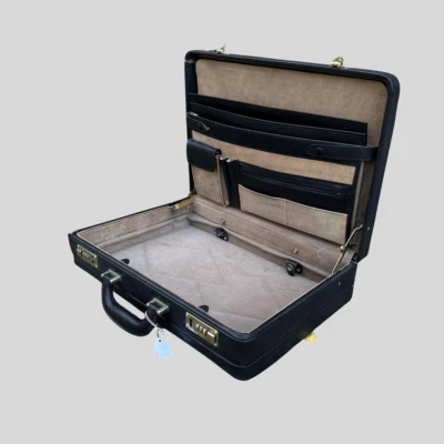 Vintage 1960/70s Sterling Combination Lock Black Leather Briefcase - Image 1 of 4