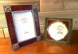 Set of 2 Sunflower Designs Pewter Jeweled Enamel Photo Frames Red Emerald Easel - Picture 1 of 13