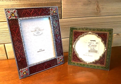 Set of 2 Sunflower Designs Pewter Jeweled Enamel Photo Frames Red Emerald Easel - Image 1 of 4