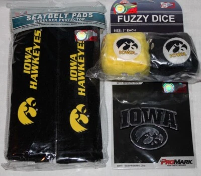 NCAA Iowa Hawkeyes Авто Подарочный Набор-Ремни Безопасности Подушечки-Хром Эмблема-Нечеткие Кости НОВЫЕ - Изображение 1 из 3