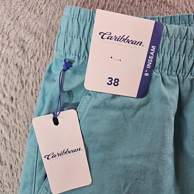 NWT Caribbean Roundtree & Yorke Shorts Men 38 x 8" Cotton Linen Blue / Green - Image 1 of 4