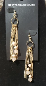 NEW Pair of New York & Co Goldtone Chains & Beads Fringe Dangle Earrings, NWTS - Picture 1 of 4