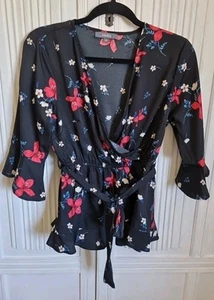 Studio Size 10 Crossover Front Top, Black, Floral, 3/4 Sleeve, Tie Belt (127) - Picture 1 of 13